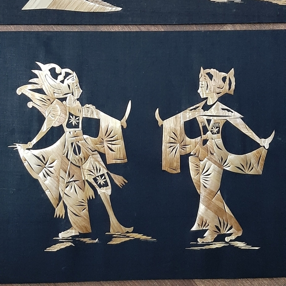 Vintage Asian Folk Art Pressed Bamboo Leaf Black Silk Set of 2 15 3/4" x 11 3/4" - Picture 3 of 6